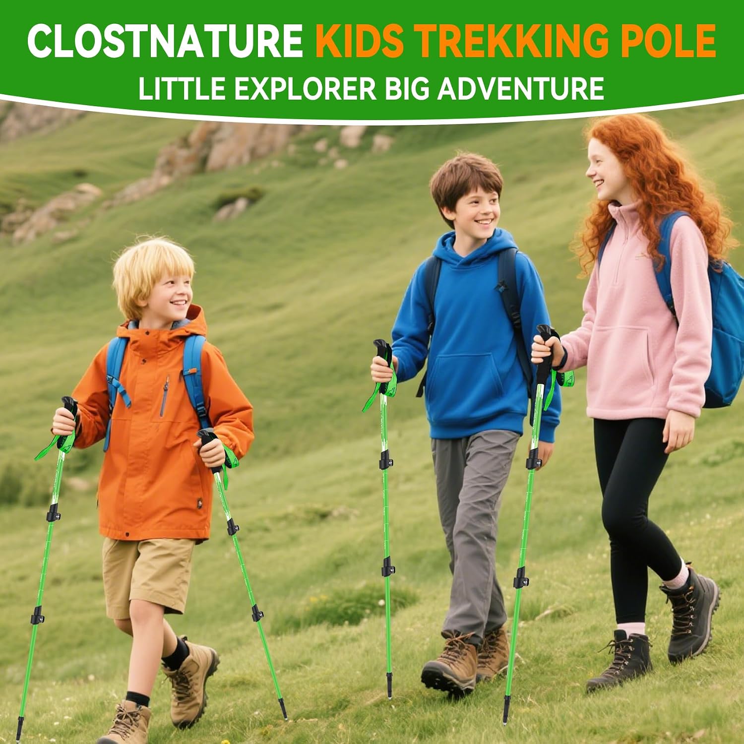 Clostnature Kids Trekking Poles for Hiking, 2 Pack Children Walking Sticks | Aluminum, Quick-Adjust, Telescopic, Ultralight, Compact, Retractable, Collapsible, Non-slip EVA Foam Grip, Ergonomic Grip