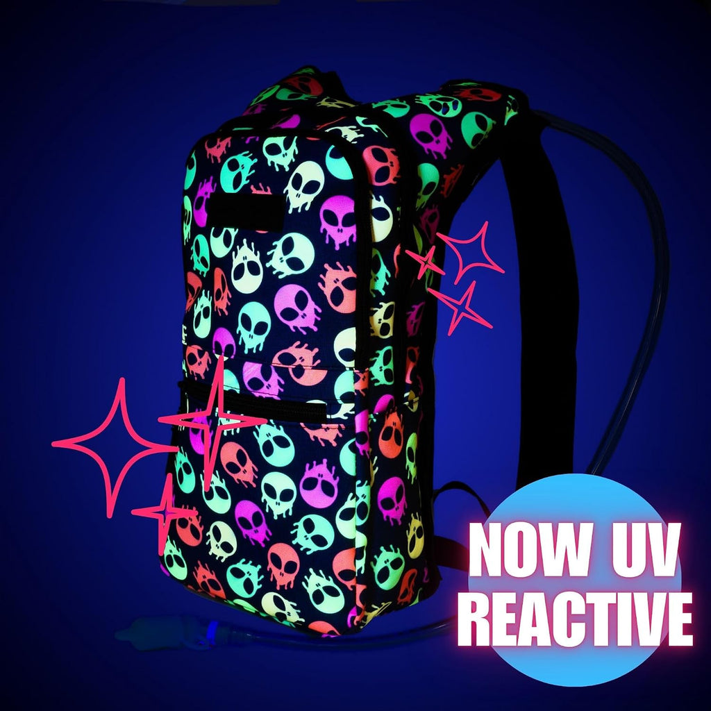 Kandies World Reflective Festival Hydration Pack - 2L Hydropack for Raves, Hiking, Biking, Running, and More (with Anti-Theft Pocket)