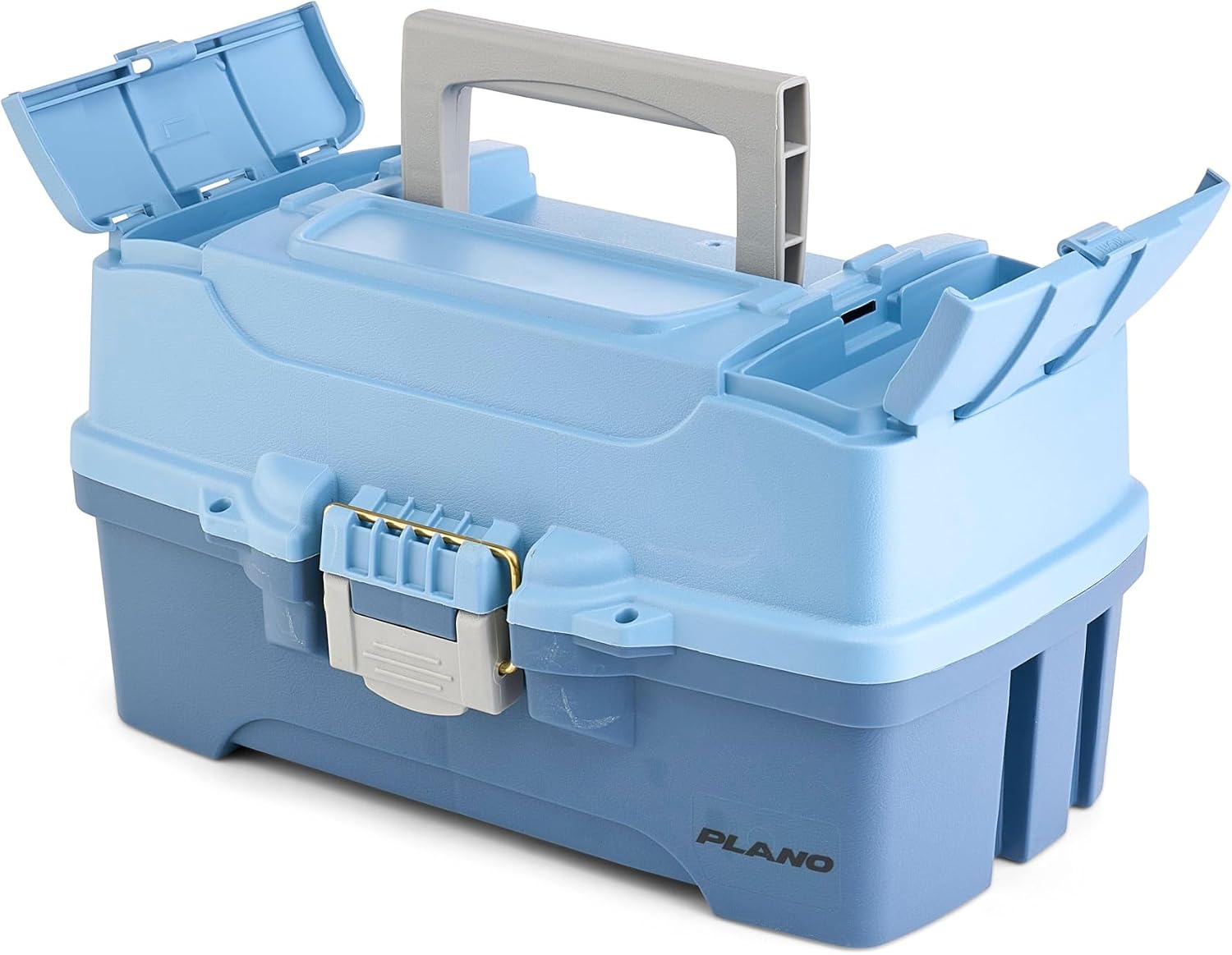 Plano Catch All Two-Tray Tackle Box Kit, Light Blue/Dark Blue, Rust-Proof Brass Latch, Top-Access Tray with Deep Storage, Made in the USA, Portable Fishing Gear Storage Organizer