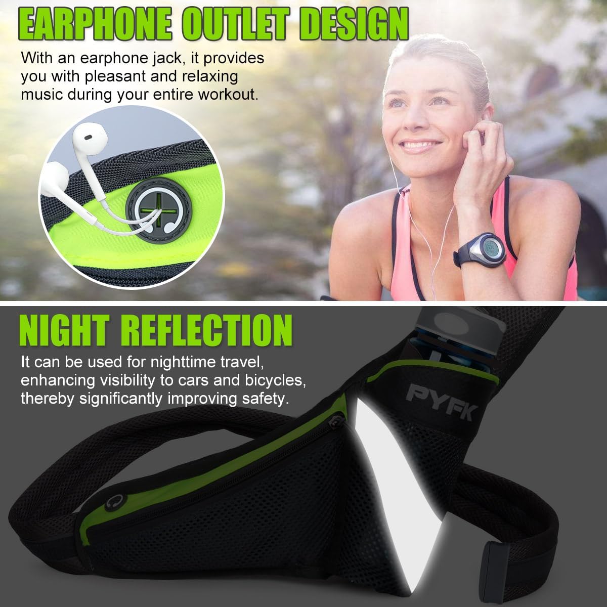 PYFK Running Belt Hydration Waist Pack with Water Bottle Holder for Men Women Waist Pouch Fanny Bag Reflective