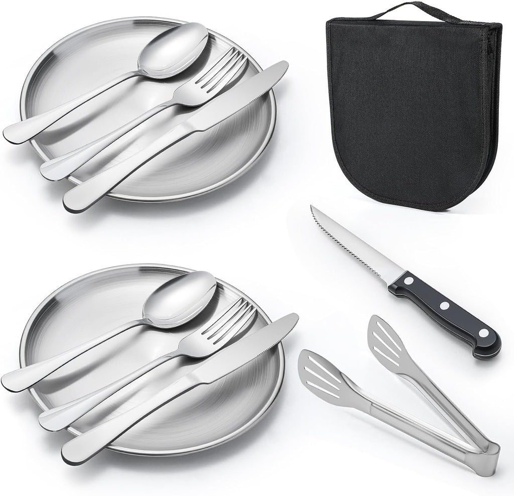 Outdoor Camping and Picnic Tableware Set, Stainless Steel Knives, Forks, Spoons, Plates, Food Tongs, Portable Tableware Set with Storage Bag