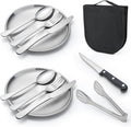 Outdoor Camping and Picnic Tableware Set, Stainless Steel Knives, Forks, Spoons, Plates, Food Tongs, Portable Tableware Set with Storage Bag