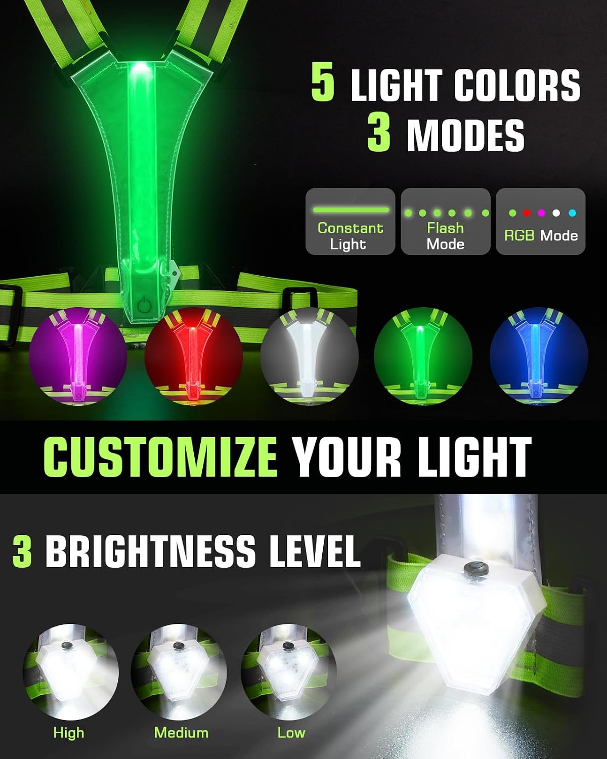 Zacro LED Reflective Vest with Chest Light 500LM, 5 RGB Colors High Visibility Rechargeable Light Up Running Vest IPX4 Night Safety Running Gear for Dog Walking, Cycling, Adjustable for Men Women Kids