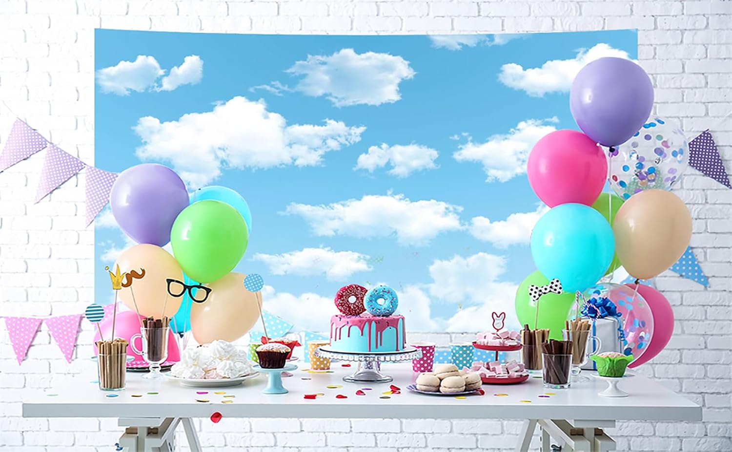 10X7FT Fabric Blue Sky White Cloud Backdrop Birthday Party Background Ideal for Newborn Spring Kids Children Aviator Baby Shower World Travel Photography Baby Shower Banner Decoration