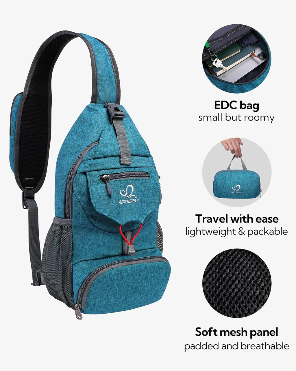 WATERFLY Packable Sling Backpack Lightweight Crossbody Bag Travel Daypack
