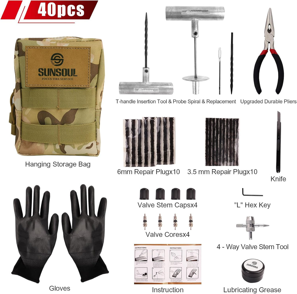 SUNSOUL Tire Repair Kit - 40PCS Heavy Duty Tire Plug Kit with Storage Bag, Universal Zinc Alloy Puncture Repair Tools for Car, Motorcycle, Truck, ARB, ATV, UTV, Tractor, RV, SUV, Trailer