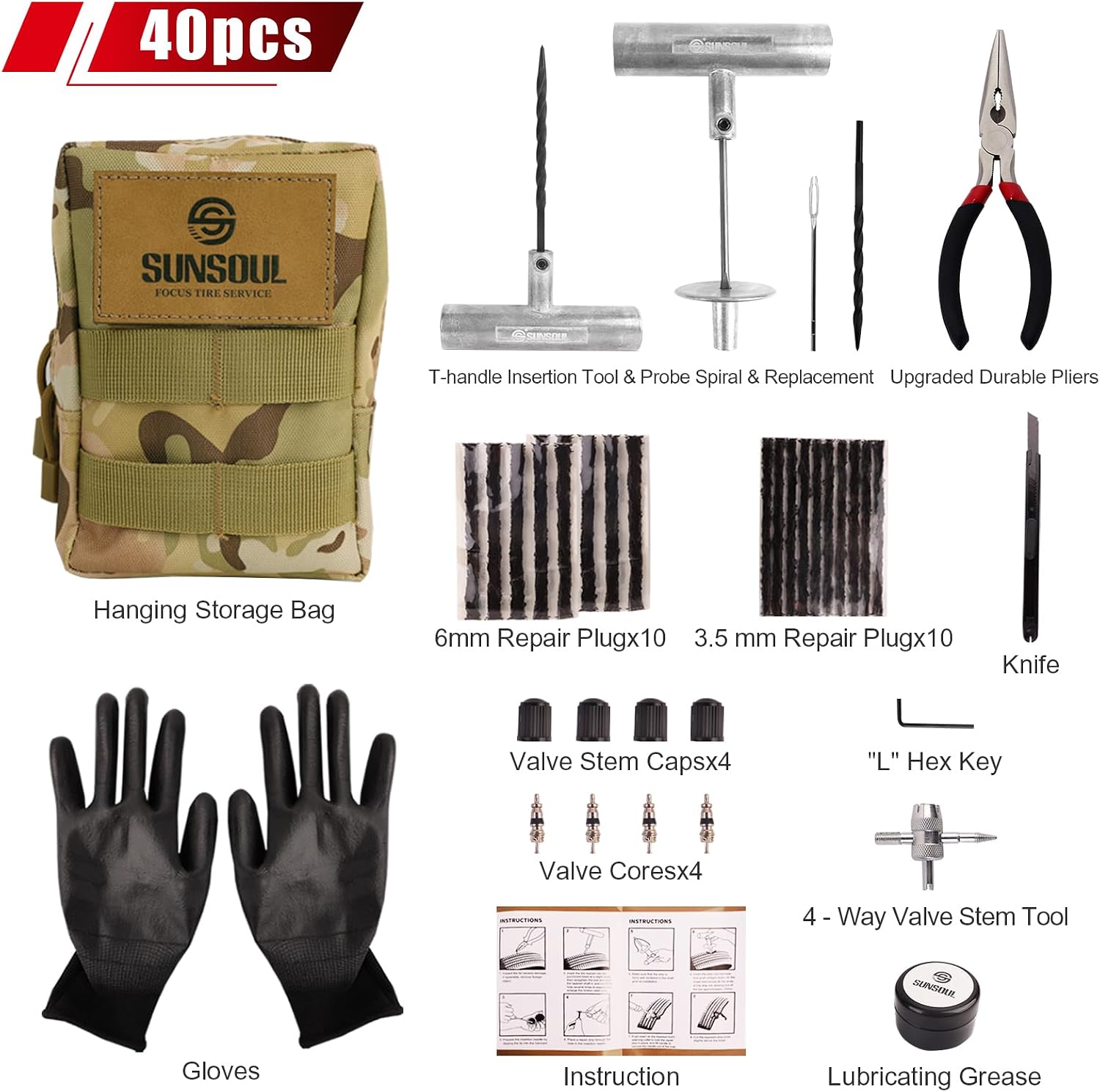 SUNSOUL Tire Repair Kit - 40PCS Heavy Duty Tire Plug Kit with Storage Bag, Universal Zinc Alloy Puncture Repair Tools for Car, Motorcycle, Truck, ARB, ATV, UTV, Tractor, RV, SUV, Trailer