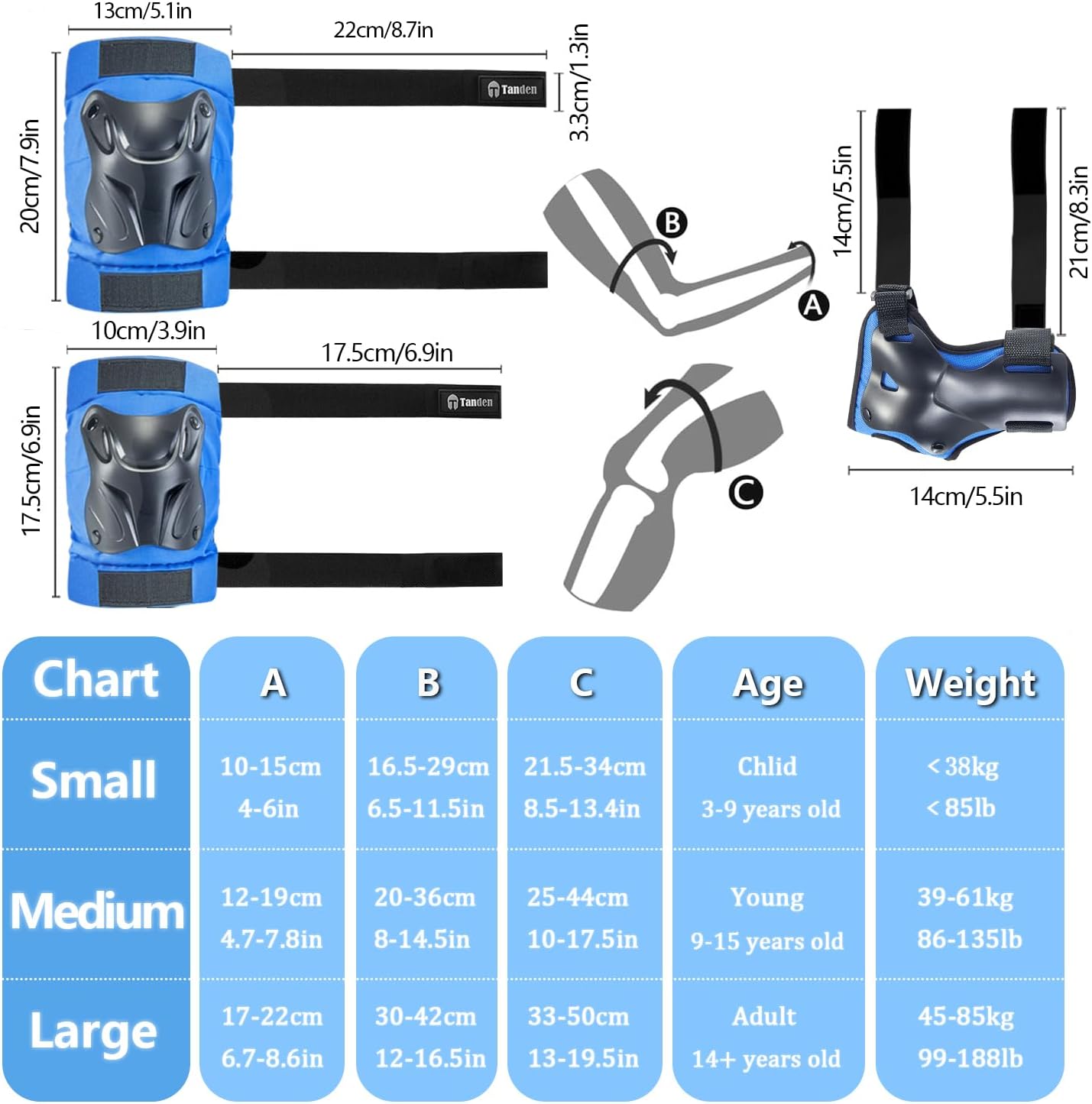Tanden Skating Protective Gear Knee and Elbow Pads Wrist Guards for Roller Skating Skateboarding, Skate Pads Adult Knee Pads