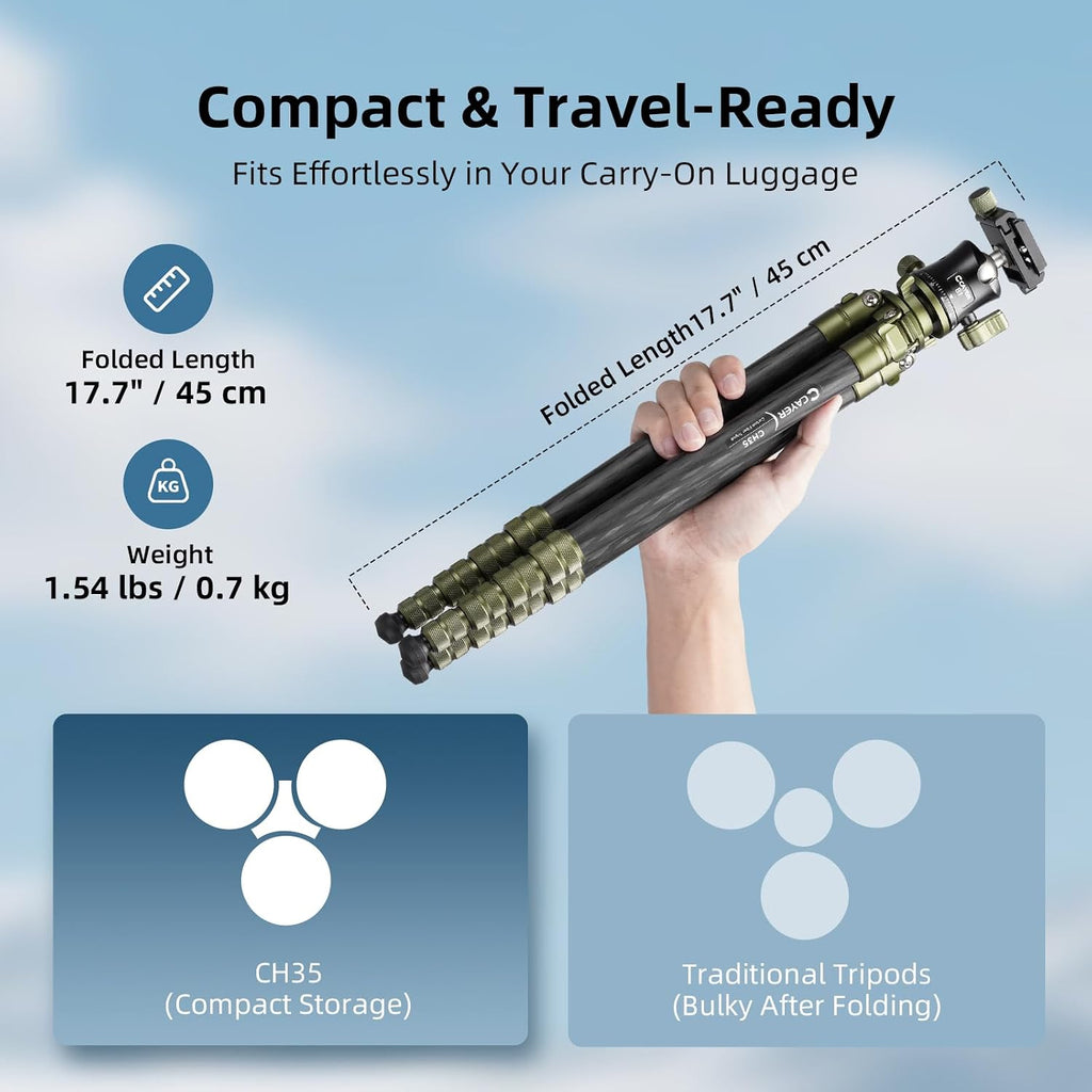 Cayer CH35 Travel Tripod, 53.6" Carbon Fiber Tube with Compact Ball Head