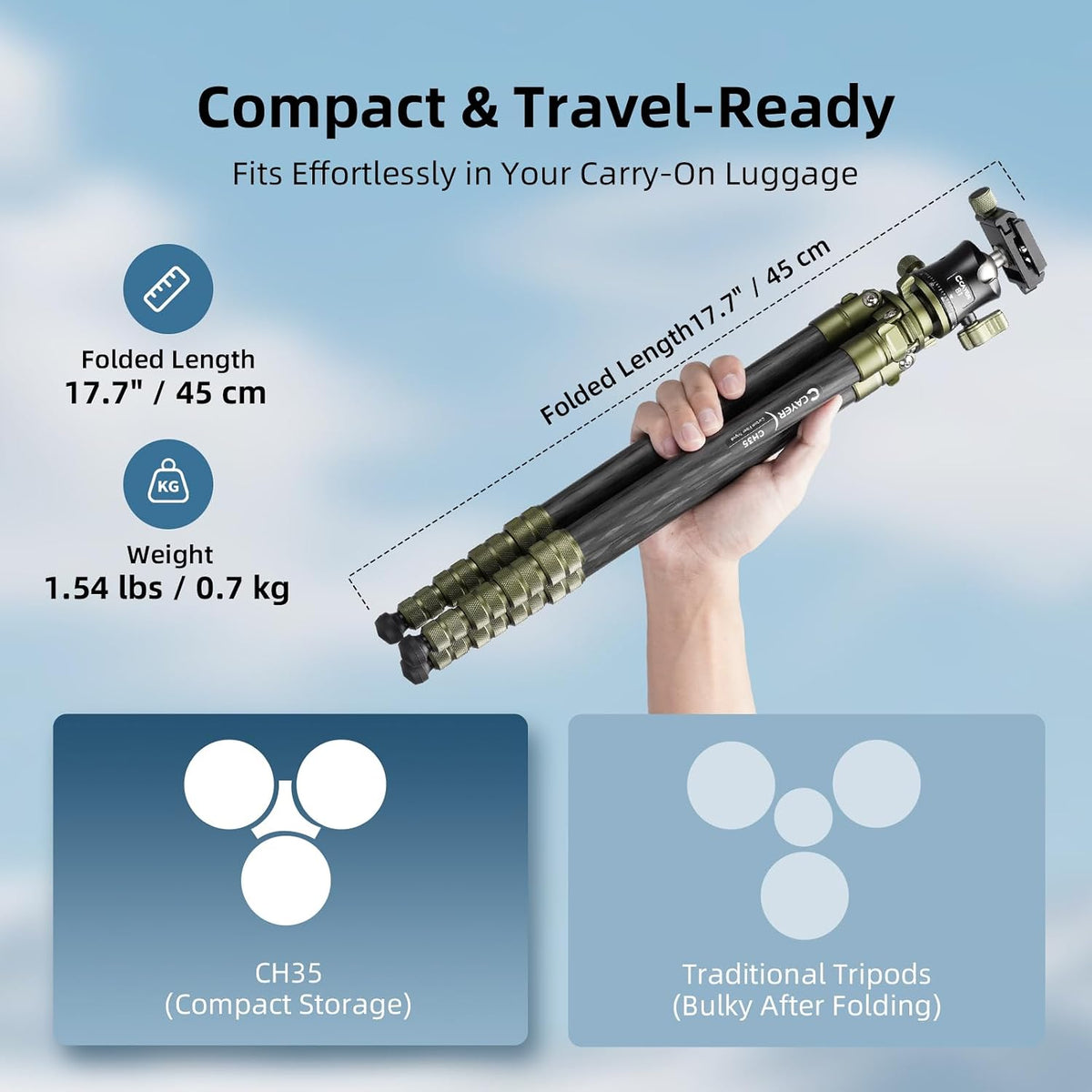 Cayer CH35 Travel Tripod, 53.6" Carbon Fiber Tube with Compact Ball Head