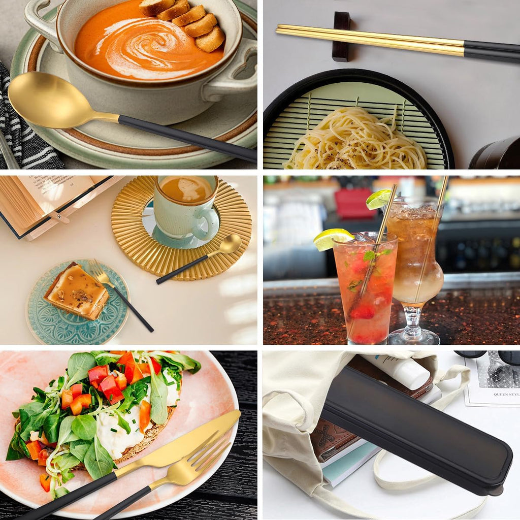 AARAINBOW 6 Pieces Stainless Steel Flatware Set Portable Reusable Cutlery Set Travel Utensils Set Including Chopsticks Knife Fork Spoon Straws Cleaning Brush Dishwasher Safe (B-Black golden)