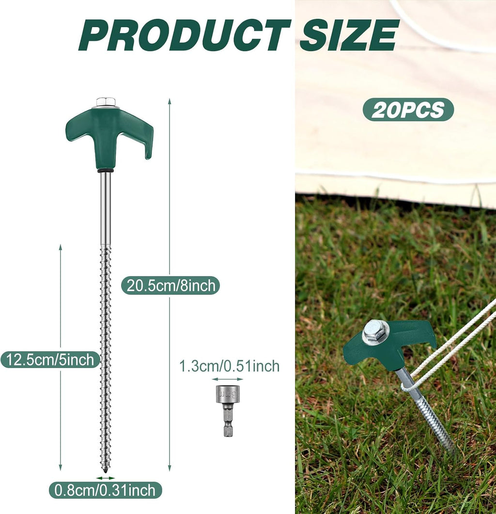 Hicarer 20 Pcs 8" Screw in Tent Stakes Ground Anchors, Dark Green