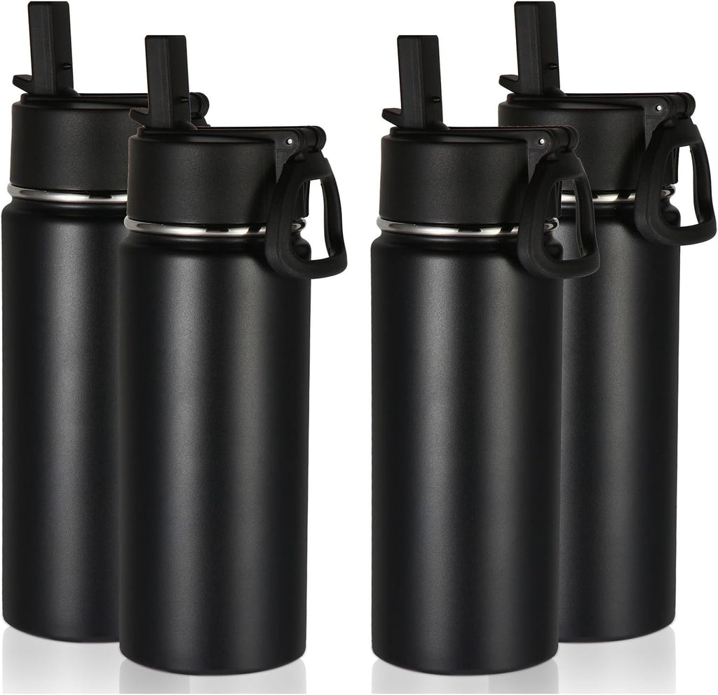 Volhoply 16 OZ Kids Water Bottle Bulk 4 Pack,Insulated Sports Bottles with Straw Lid,Stainless Steel Bottle with Handle Keep Cold & Hot,Double Wall Vacuum Tumbler Cups for School,Girls(Black, 4)