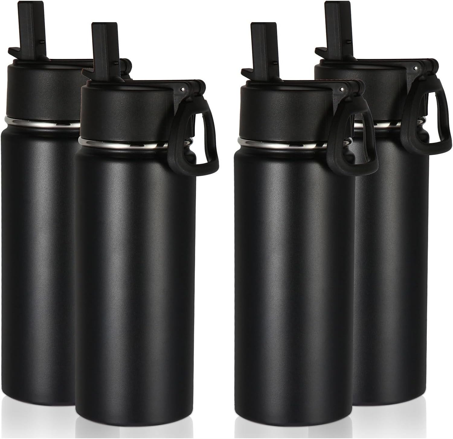 Volhoply 16 OZ Kids Water Bottle Bulk 4 Pack,Insulated Sports Bottles with Straw Lid,Stainless Steel Bottle with Handle Keep Cold & Hot,Double Wall Vacuum Tumbler Cups for School,Girls(Black, 4)