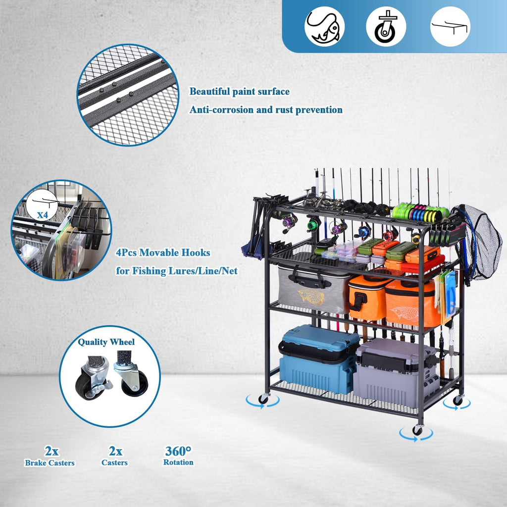 Fishing Rod Holder for Garage, Fishing Pole Holders for 15 Rods 38 * 17", Fishing Rod Rack Basement, Fishing Pole Rack Metal Black with Big Wheels, 4-Tier