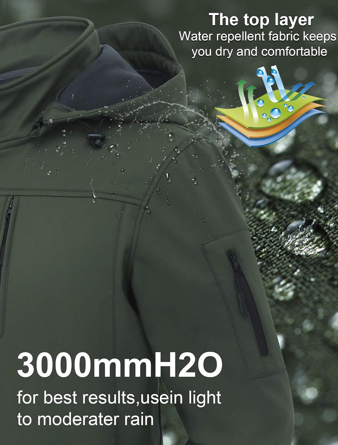 CREATMO US Men's Softshell Military Jacket With Removable Hood, Fleece Lined and Water Repellent Outdoor Reflective Coat