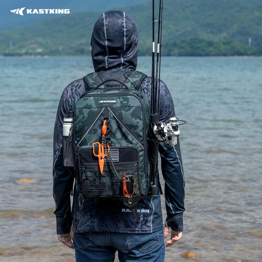 KastKing KastMate Fishing Backpack With 2 Rod Holders, Black Camo