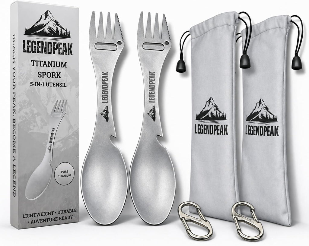 Titanium Spork 5-in-1 Camping Utensil Set 2-Pack – Ultralight Backpacking Silverware with Knife, Bottle Opener & Peeler, Includes Individual Travel Pouches & Carabiners