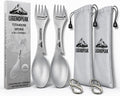 Titanium Spork 5-in-1 Camping Utensil Set 2-Pack – Ultralight Backpacking Silverware with Knife, Bottle Opener & Peeler, Includes Individual Travel Pouches & Carabiners