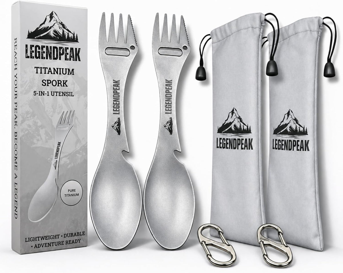 Titanium Spork 5-in-1 Camping Utensil Set 2-Pack – Ultralight Backpacking Silverware with Knife, Bottle Opener & Peeler, Includes Individual Travel Pouches & Carabiners