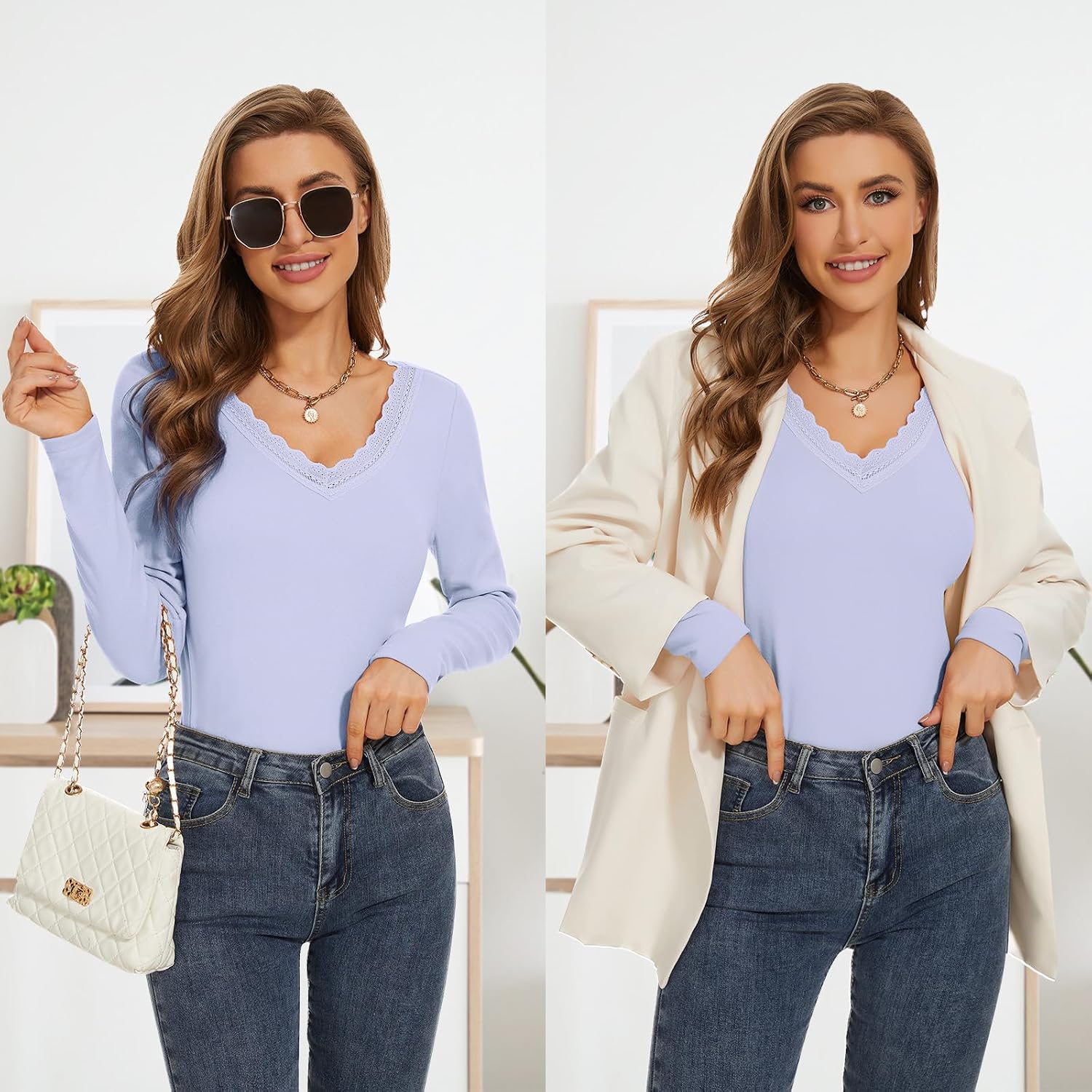 WOWENY Women Thermal Long Sleeve Shirt Fleece Lined Basic Fitted Tops Lace V Neck Undershirts Winter Tight Base Layer