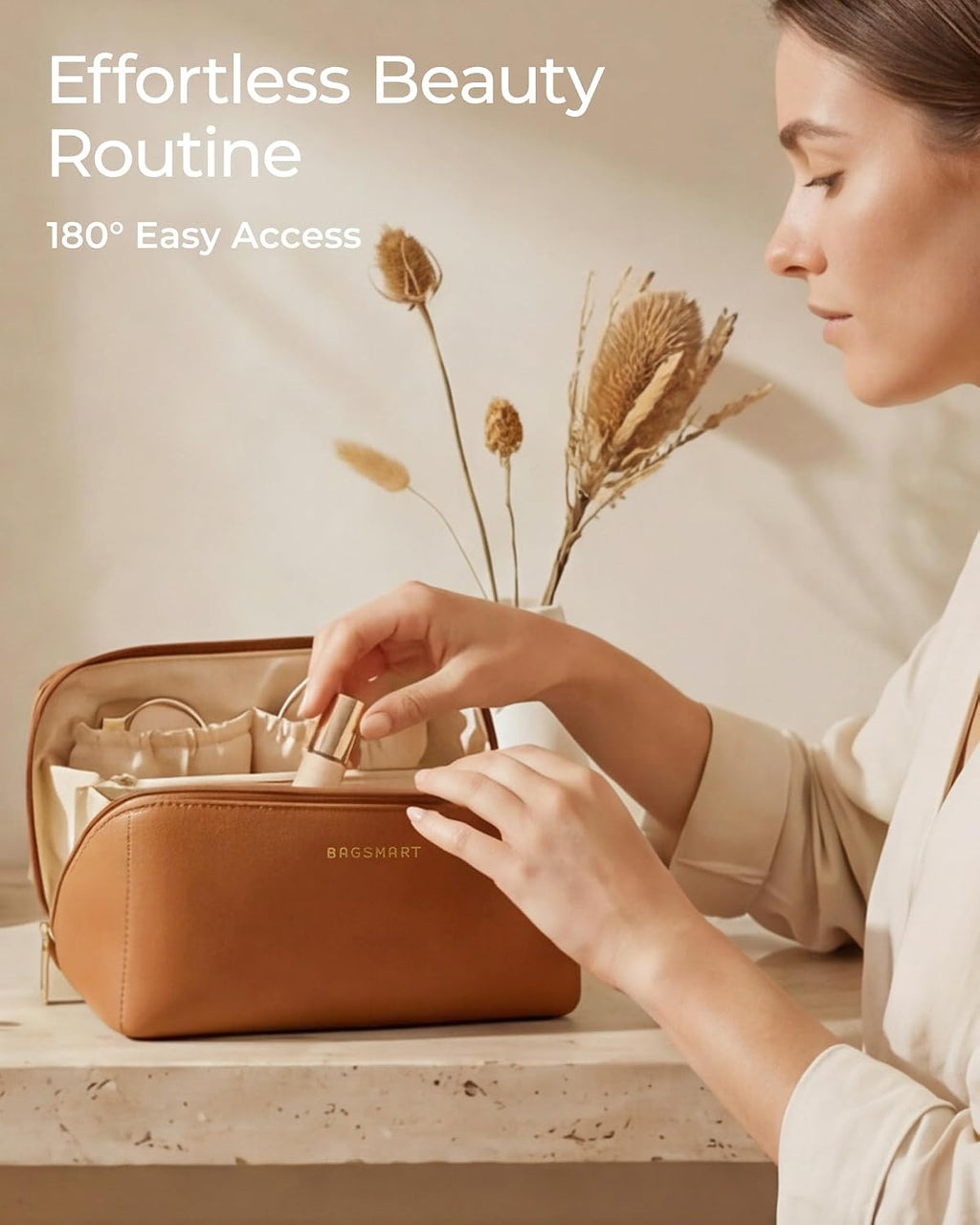 BAGSMART Makeup Bag Travel Cosmetic Bag,Women Toiletry Case, Coffee Brown