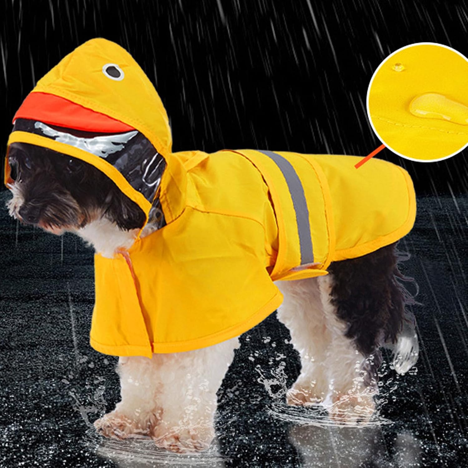 Small Dogs Duck Design Raincoat, Hooded Rain Jacket Poncho with Reflective Stripes, Transparent Hood for Puppies, Large Size