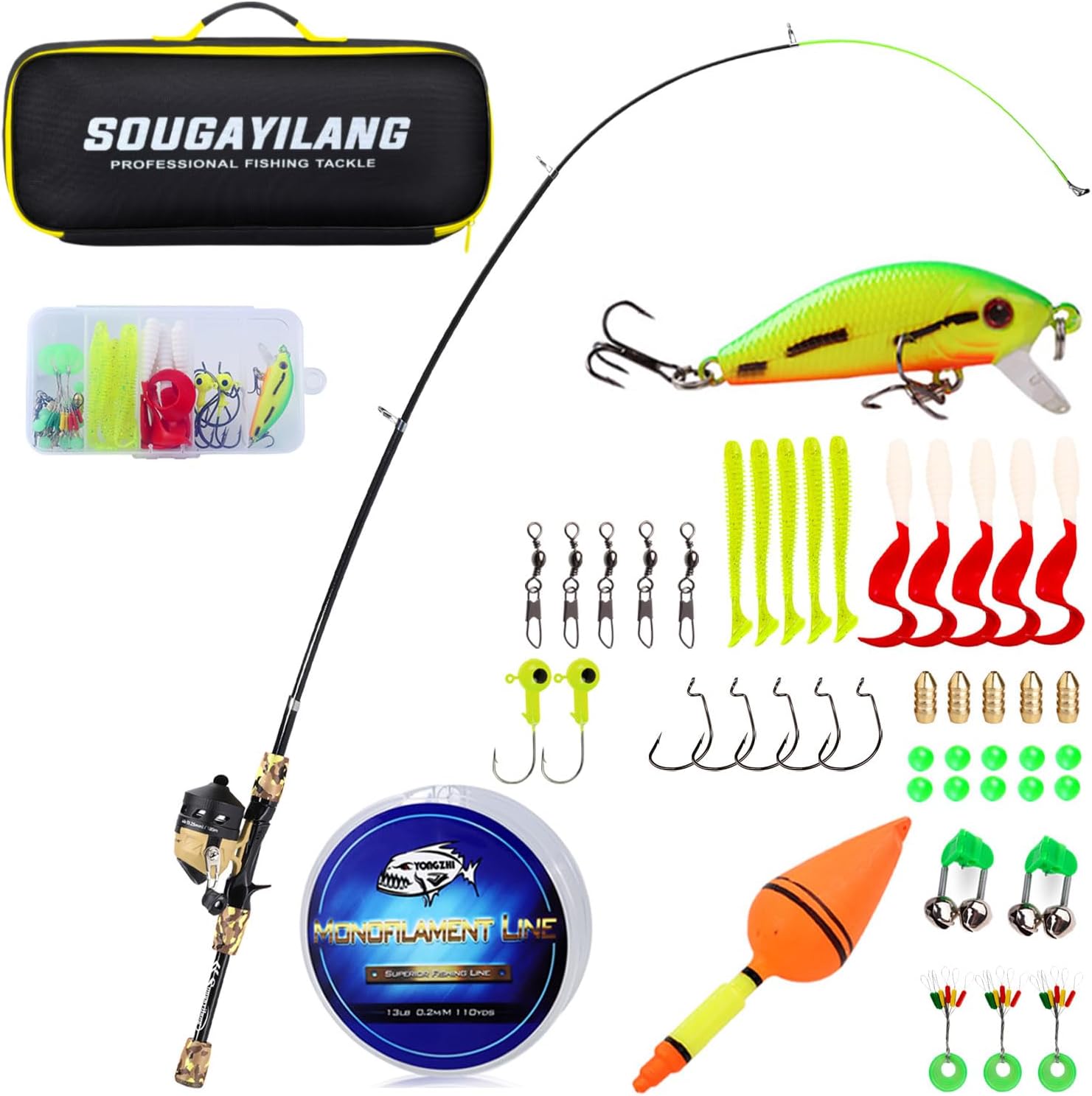 Sougayilang Fishing Rod and Reel Combo,Light Weight Fishing Pole with Spincast Fishing Reel Tackle Bag Lures Good Starter Fishing Kit