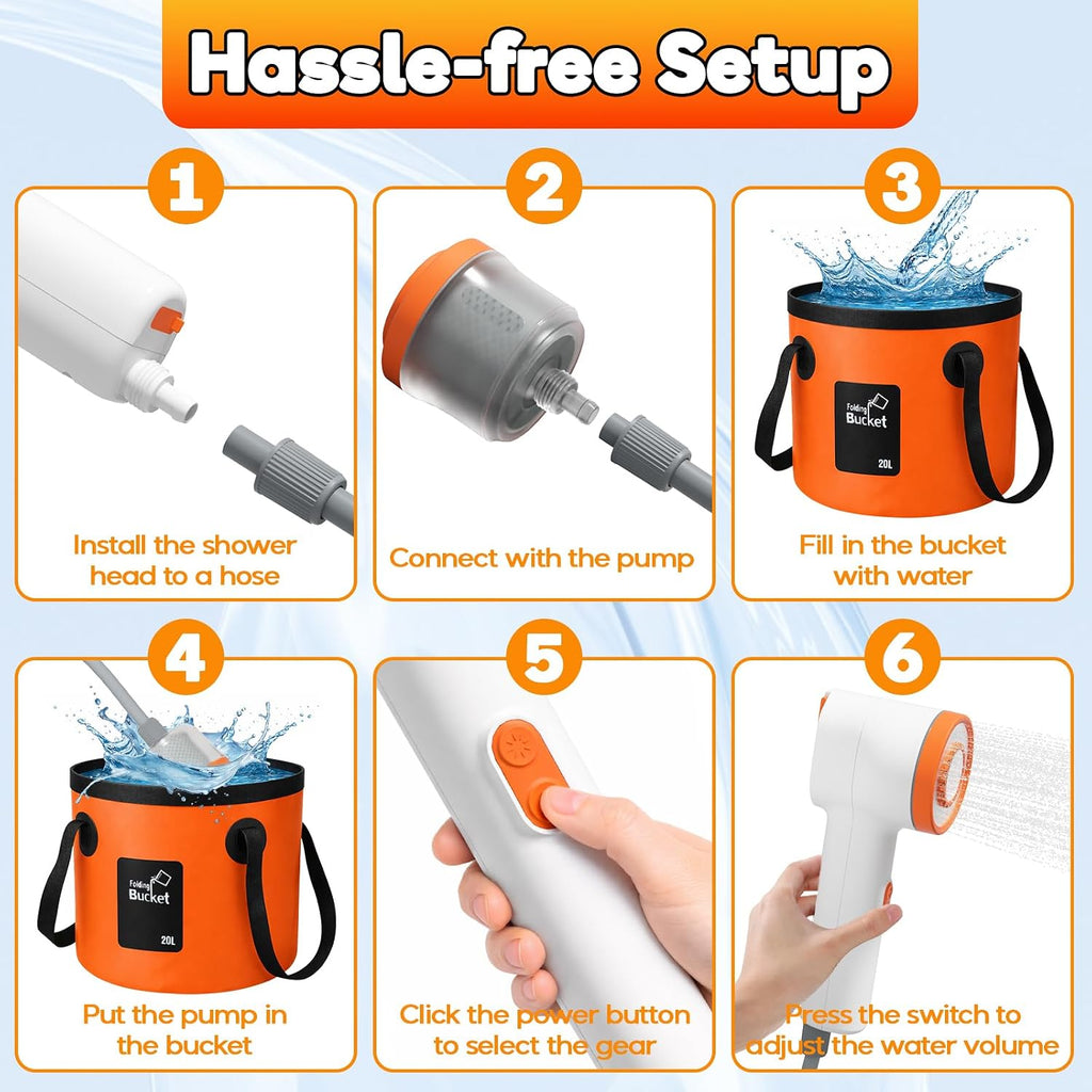 Portable Camping Shower, 6000mah Rechargeable Portable Shower Pump, Large Capacity Foldable Bucket, Filtered Shower Head, Outdoor Shower for Camping, Hiking, RV, Pet Bath, Car Wash, Water Plant