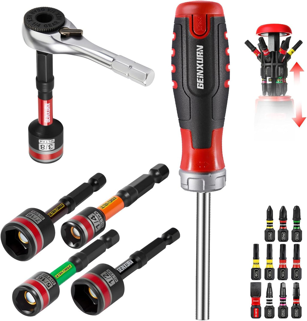 Geinxurn 19 Pieces Ratcheting Screwdriver Set and Socket Wrench Set, Mini Rachet Wrench, Rachet Screwdriver Handle and Nut Driver with 12 Pcs Impact Screwdriver Bit, Hand Tools Set for Repair DIY