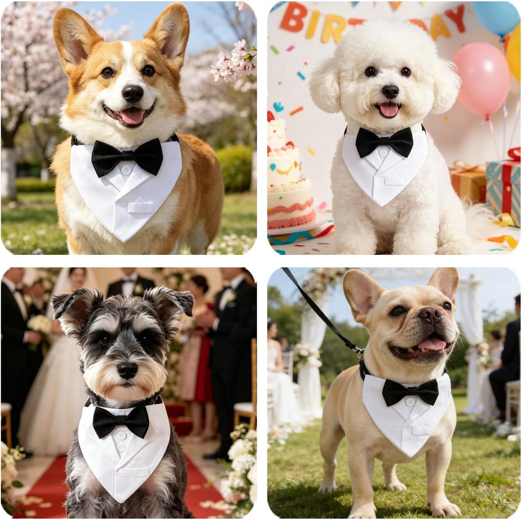 Dog Tuxedo Suit Wedding Collar, White Bandana with Black Bowtie, Adjustable Formal Dog Tux, Engagement Birthday Party Costume (L)