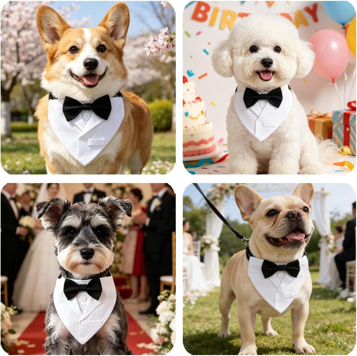 Dog Tuxedo Suit Wedding Collar, White Bandana with Black Bowtie, Adjustable Formal Dog Tux, Engagement Birthday Party Costume (L)