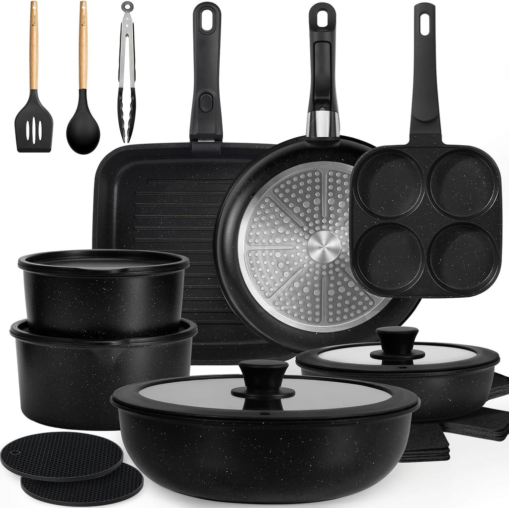 KIKCOIN Pots and Pans Set, 27 Pack Nonstick Cookware Set Detachable Handle, Induction RV Kitchen Cooking Set with Removable Handle, Frying Pans, Casserole - Dishwasher/Oven Safe, PFOA Free