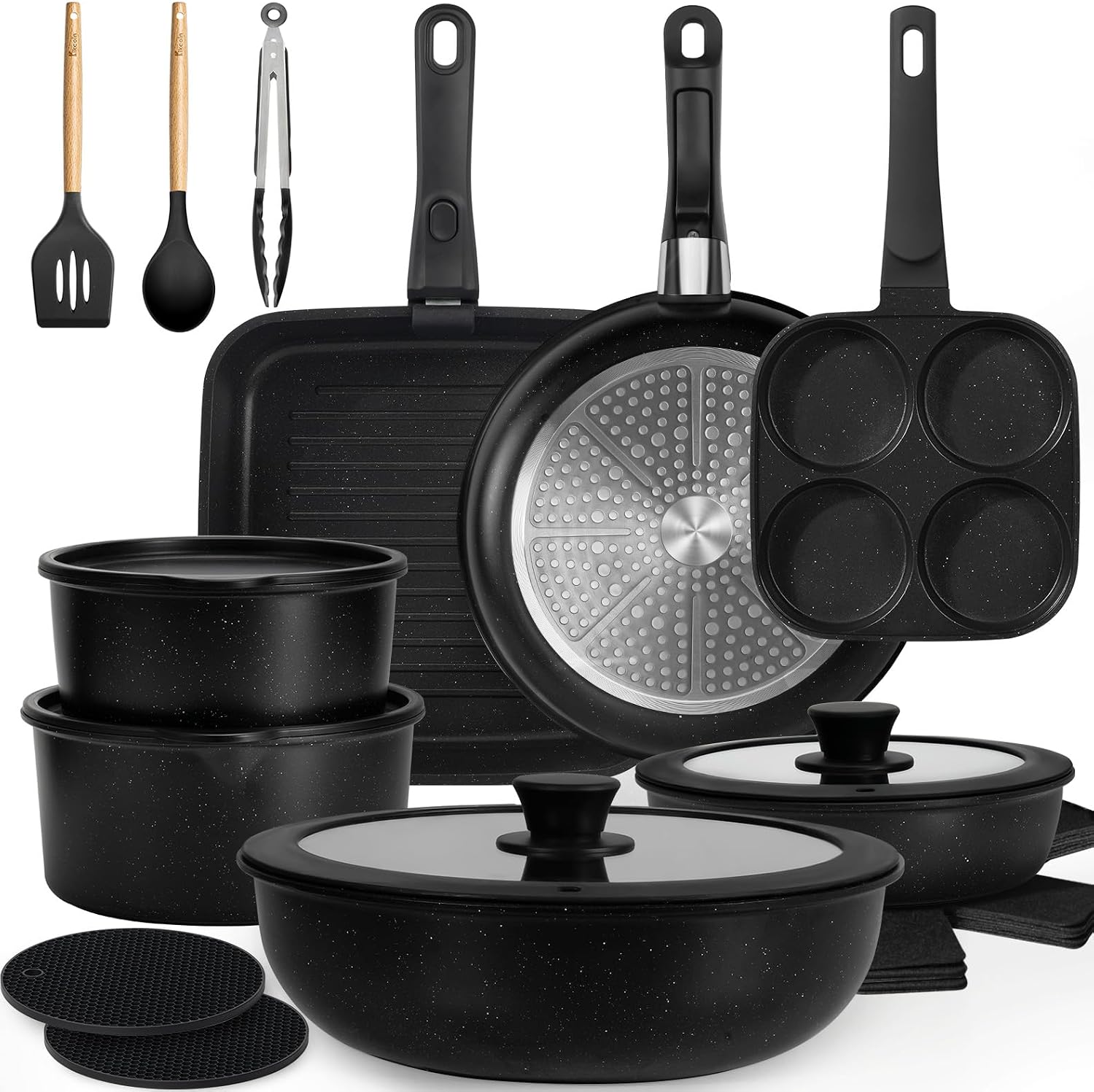 KIKCOIN Pots and Pans Set, 27 Pack Nonstick Cookware Set Detachable Handle, Induction RV Kitchen Cooking Set with Removable Handle, Frying Pans, Casserole - Dishwasher/Oven Safe, PFOA Free