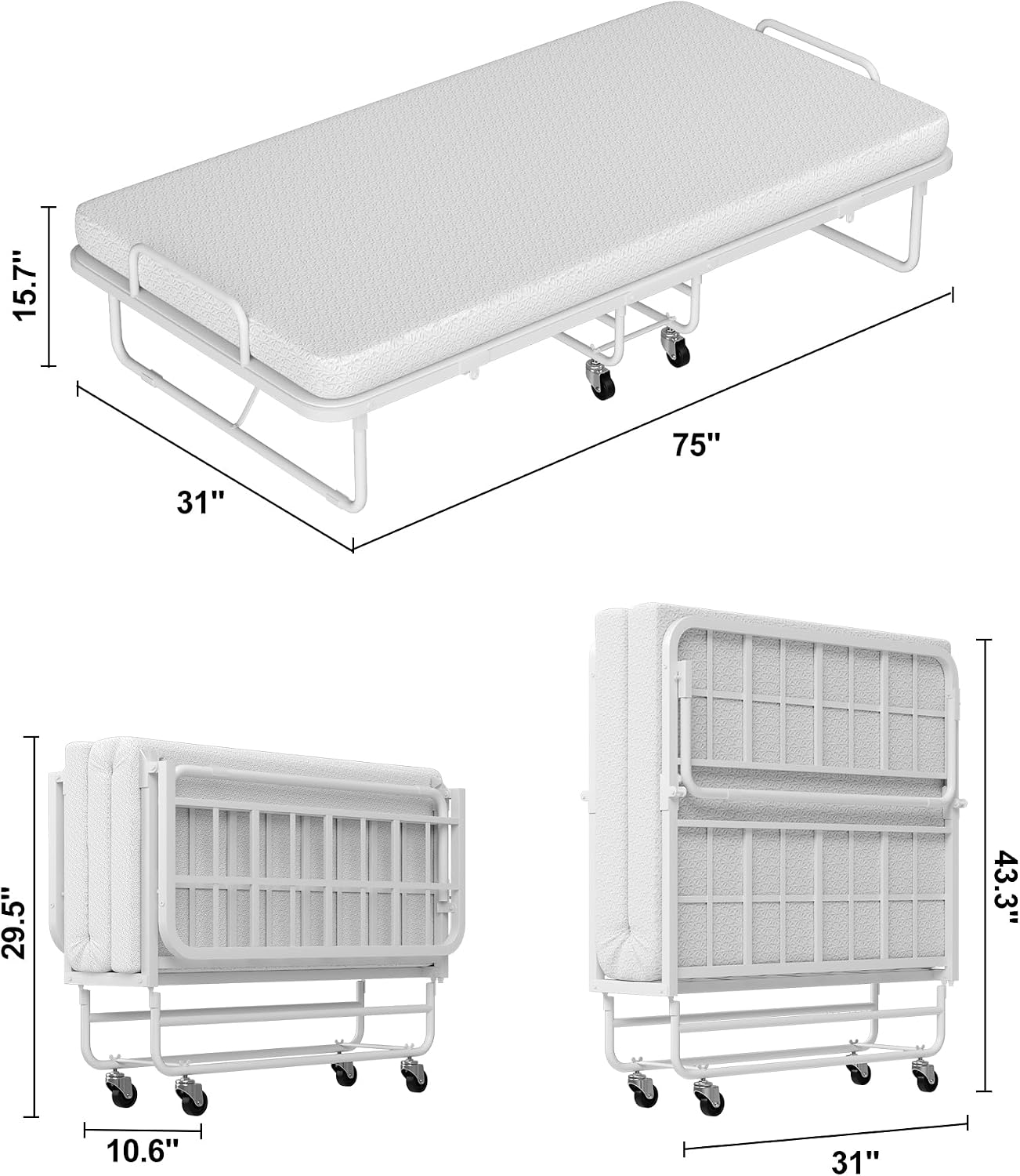 Folding Bed with Mattress Twin, Heavy Duty Steel Slat Frame, Portable Rollaway Bed with Firm Foam Mattress, Easy Assembly, Ideal for Guests & Camping, White