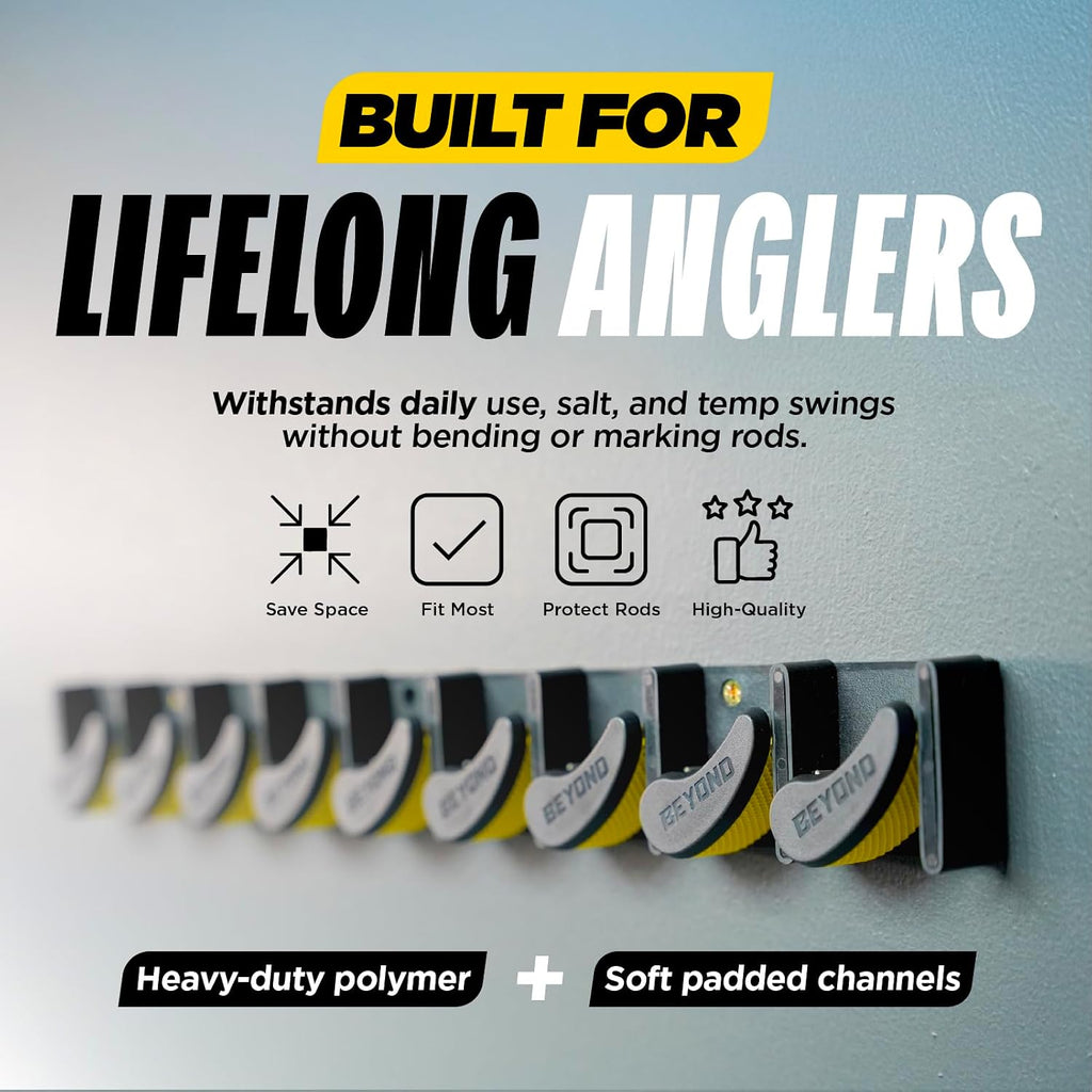 Beyond Fishing GripLock Vertical Fishing Rod Rack – Wall-Mounted Fishing Rod Holder for Garage – Stores Up to 9 Rods or Combos –Space-Saving Durable Fishing Rod Holders for Serious Anglers