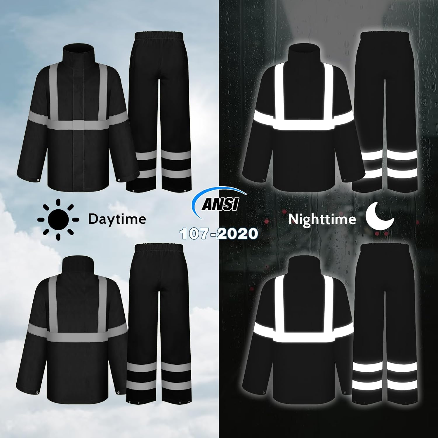 TCCFCCT High Vis Rain Pants Rain Suits for Men Waterproof, Hi Vis Rain Pants for Men Women with Hood, High Visibility Rain Gear Reflective for Safety Work & Outdoor Activities, S-M Black P