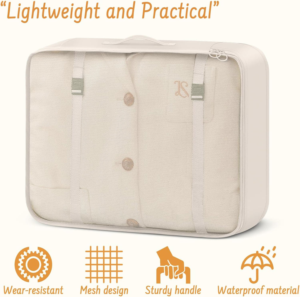 9 Set Packing Cubes for Travel Essentials - Lightweight Carry-On Luggage Organizer Bags with Shoe, Clothes & Laundry Bags for Airplane, Family & Business Travel, Beige