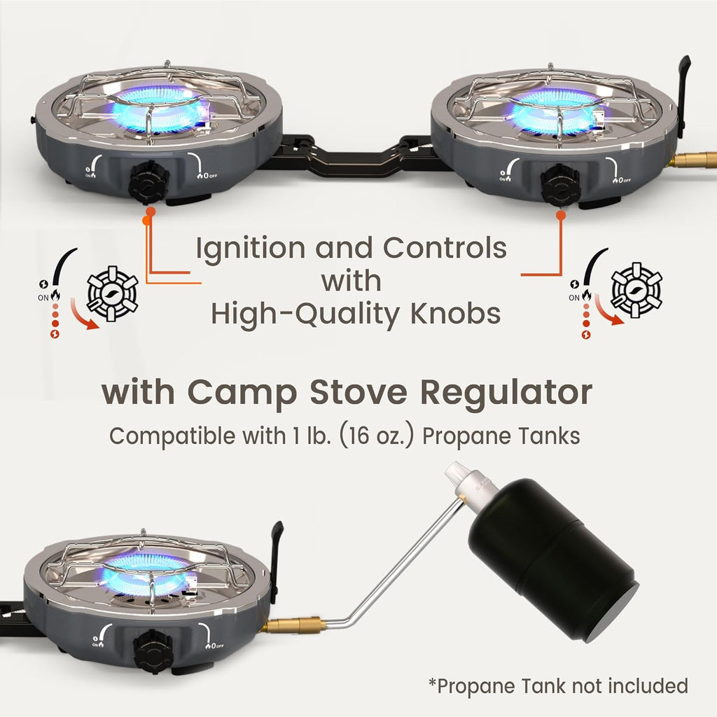 Cofiyard 20,000 BTUs 2 Burner Propane Camping Stove, Portable Folding Camp Stove with Adjustable Burners, Built-in Ignition and Carrying Bag, Dual Gas Stoves for Tailgating, Camping, BBQ Overland Grey