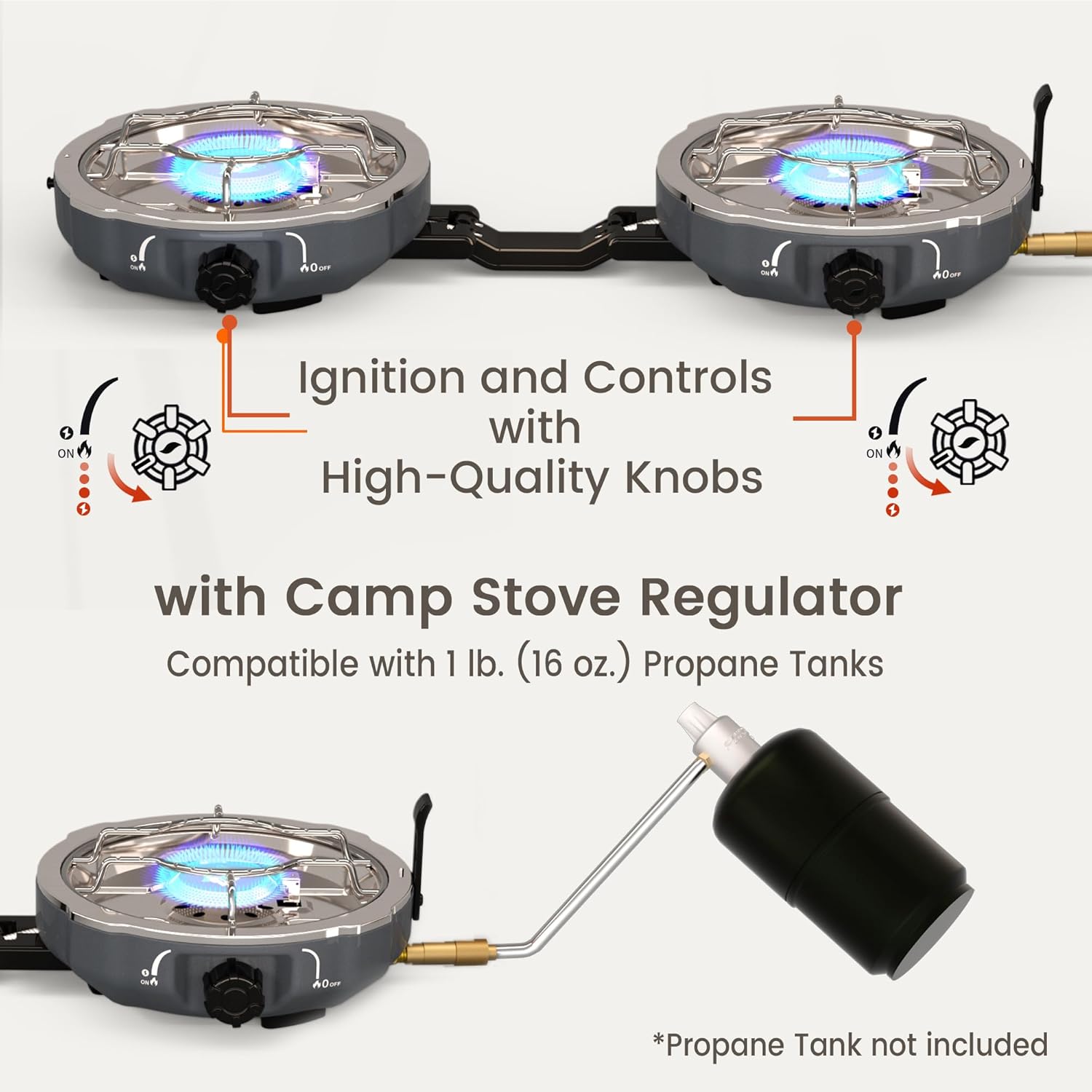 Cofiyard 20,000 BTUs 2 Burner Propane Camping Stove, Portable Folding Camp Stove with Adjustable Burners, Built-in Ignition and Carrying Bag, Dual Gas Stoves for Tailgating, Camping, BBQ Overland Grey