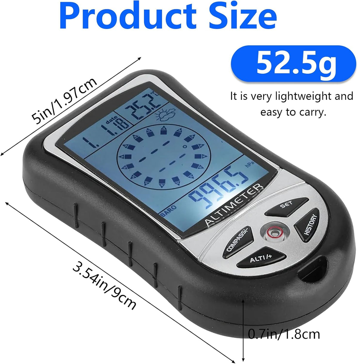 Digital Altimeter, Digital Compass, Hiking Thermometer, Timer & Backlight, 8 in 1 Hand-Hold Barometer for Mountaineering Outside 2300 to 29500FT 1100MBAR, 300mbar to 1100mbar