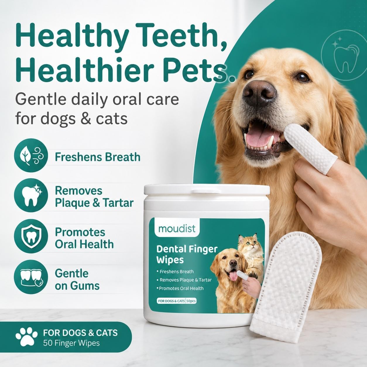 Dental Finger Wipes for Dogs & Cats, 50 Count, Pet Teeth Cleaning Wipes, Helps Remove Plaque & Tartar, Freshens Breath, Daily Oral Care