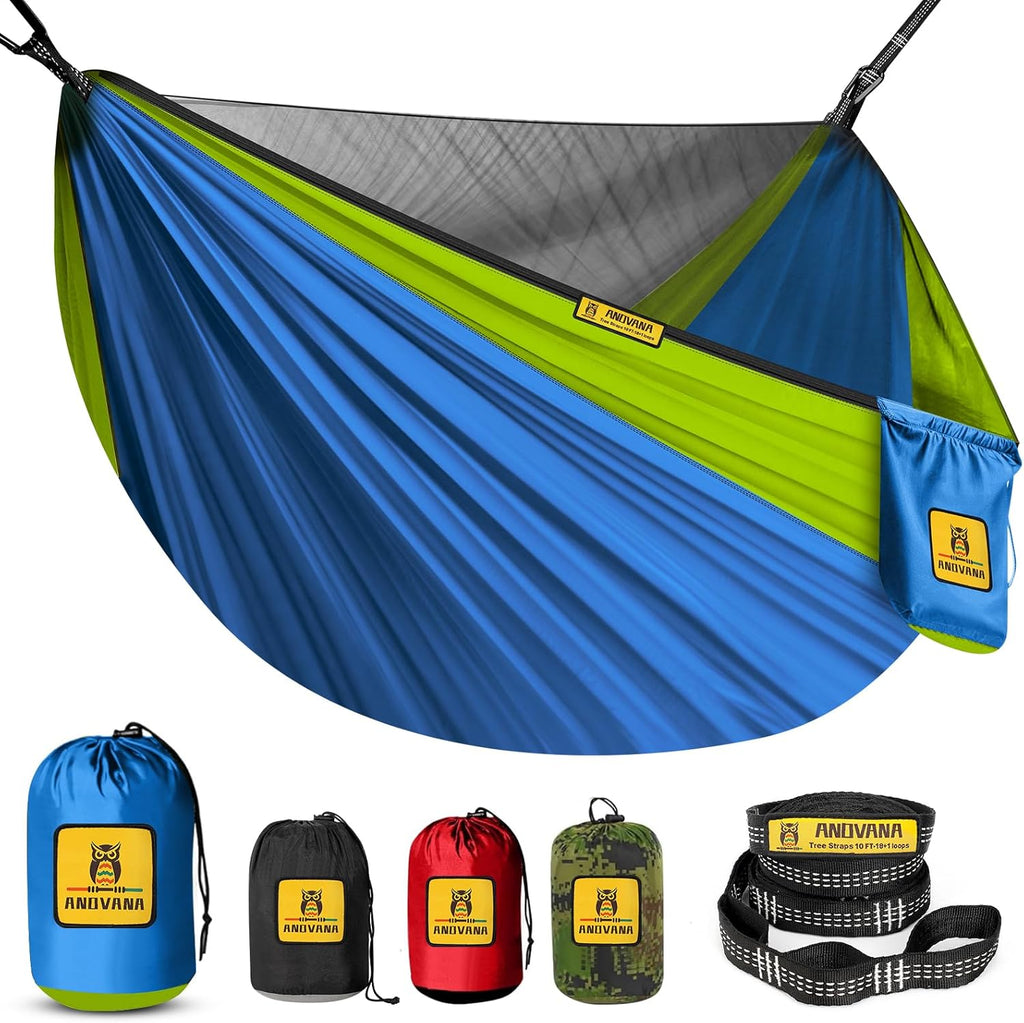Small Camping Hammock with Mosquito Net, 450 lbs Portable Hammock with Tree Straps, 2-in-1 Double/Single Travel Hammocks, Hammock for Outside/Indoor/Backpacking/Beach - Lake Blue & Green