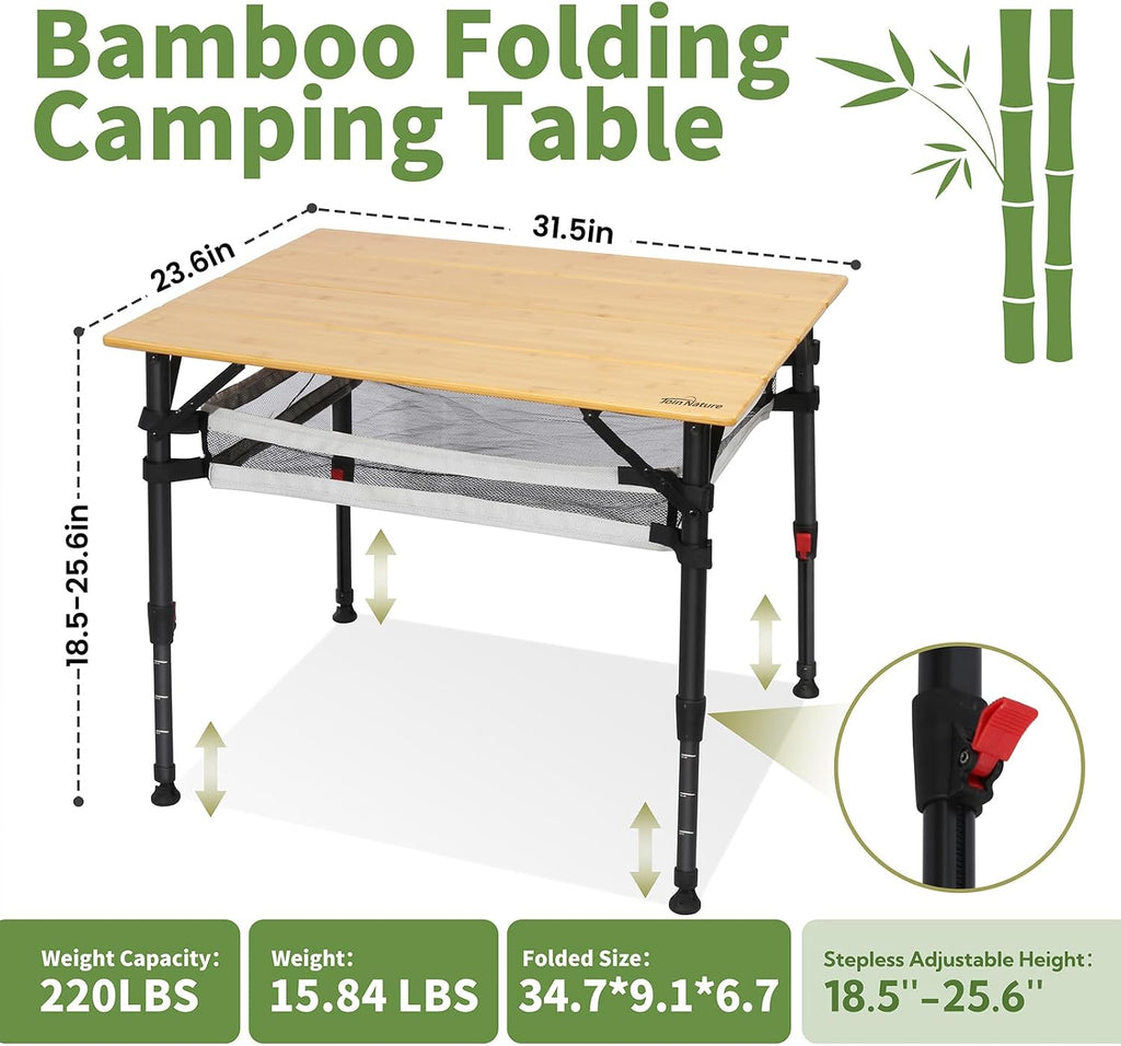 Join Nature Bamboo Folding Camping Table, Aluminum Adjustable Outdoor Table