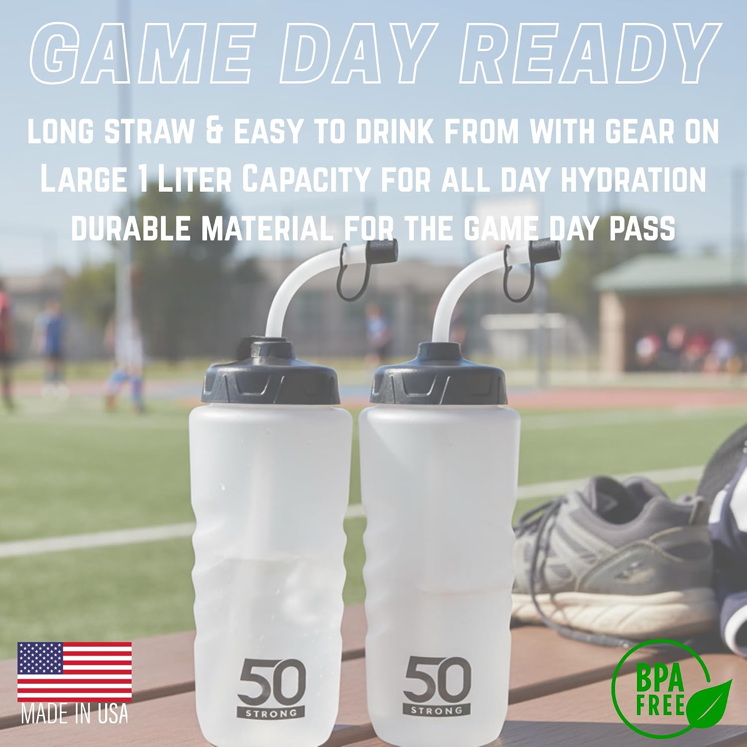 50 Strong | Hockey & Lacrosse Water Bottle with Straw, 2-Pack, 1 Liter