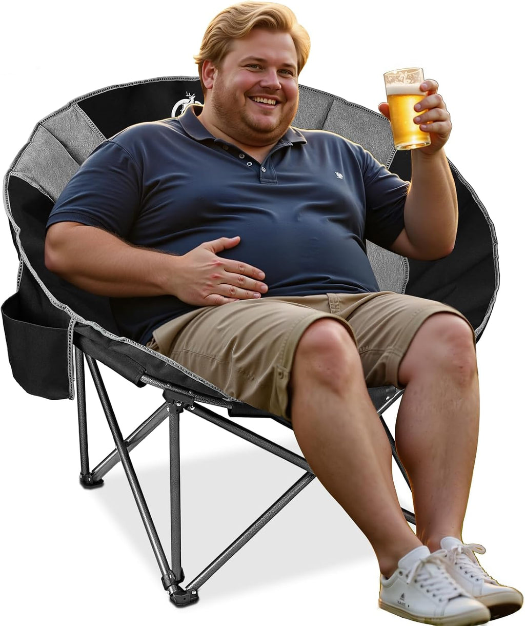 Northroad XXL Camping Moon Chair,Oversized Round Chair,Folding Padded Saucer w/Side Pocket,500lbs Capacity for Outdoor Hiking Fishing Picnic Lawn,Red&Grey