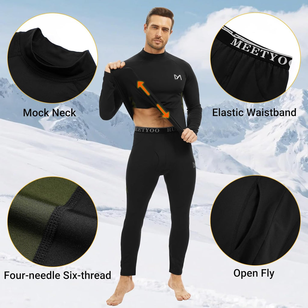 MEETYOO Thermal Underwear for Men, Winter Gear Long Johns Base Layer Top and Bottom Set for Skiing Running