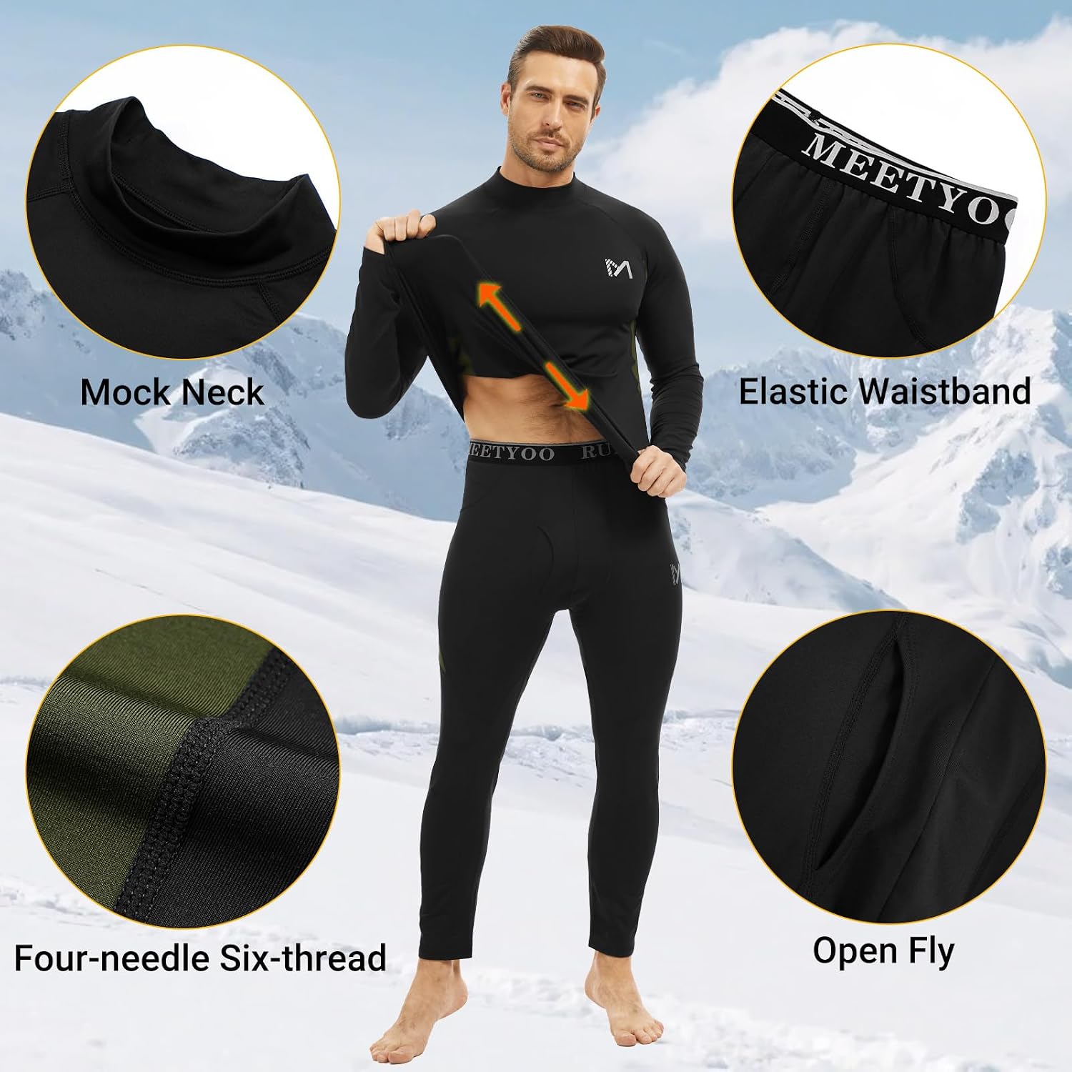 MEETYOO Thermal Underwear for Men, Winter Gear Long Johns Base Layer Top and Bottom Set for Skiing Running