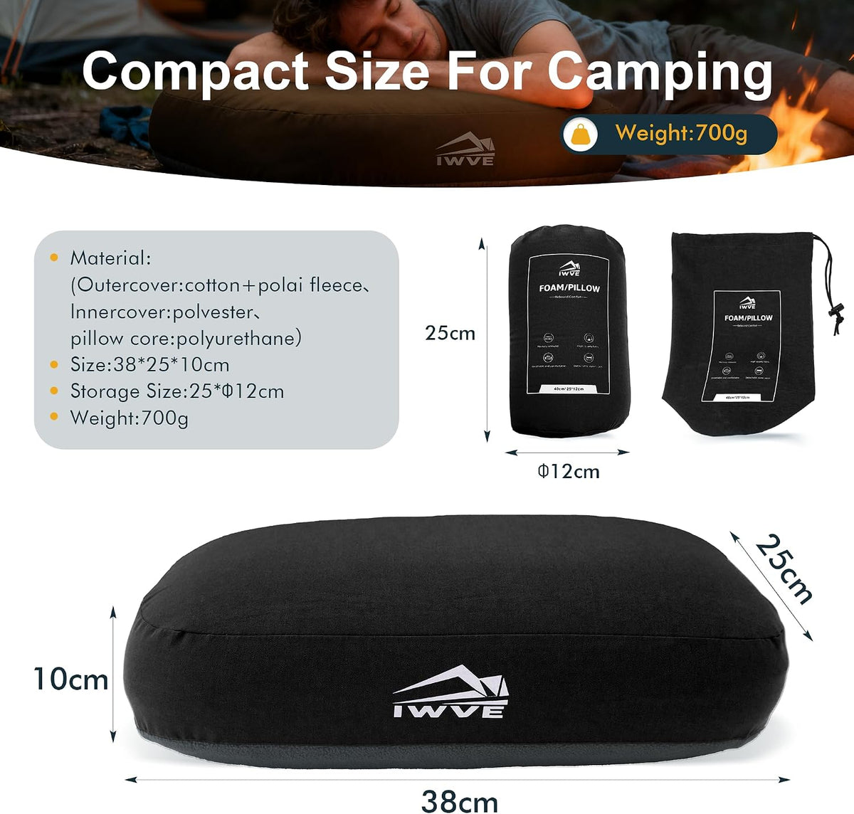 Thick Camping Memory Foam Pillow, Compressible & Ultralight Travel Pillow for Backpacking - Ergonomic Neck & Lumbar Support for Side Sleepers, Compact for Hiking, Car, Airplane (Black)