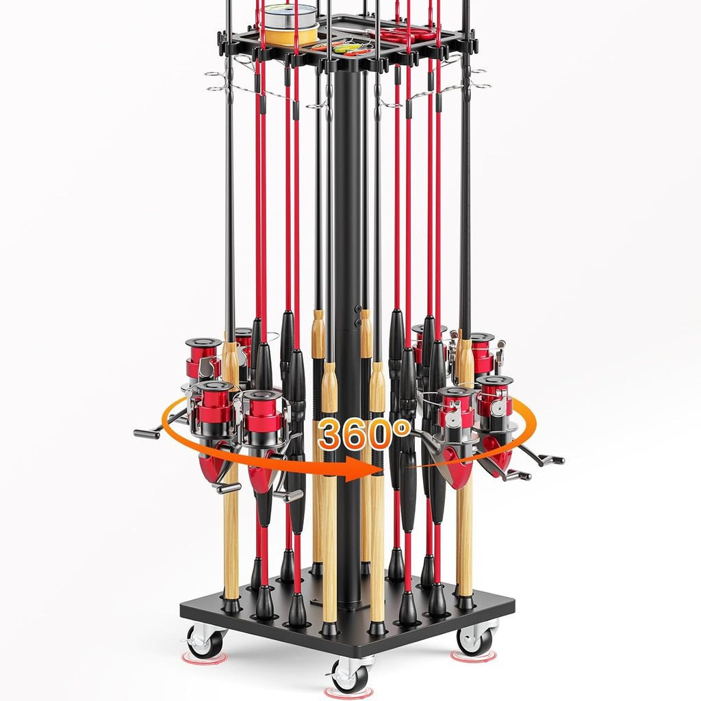 Fishing Rod Holder Rack with 360° Rotating Base – 16 poles Capacity,multi-purpose Rod Storage Rack,Easy Install & Durable Wooden Vertical Fishing Pole Holders for Ground,Black